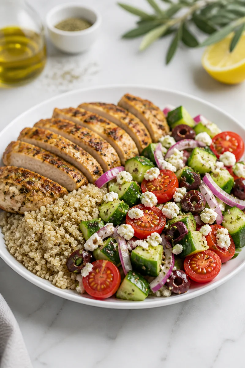 Healthy Greek Chicken Bowl meal prep with grilled chicken, fresh veggies, and tzatziki sauce.