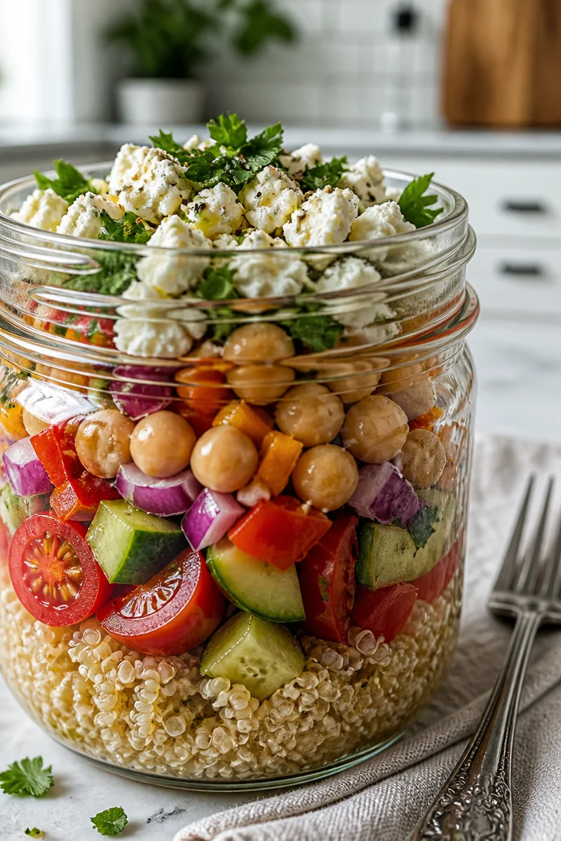 Meal Prep Mason Jar Quinoa Salad Bowl with colorful vegetables and quinoa