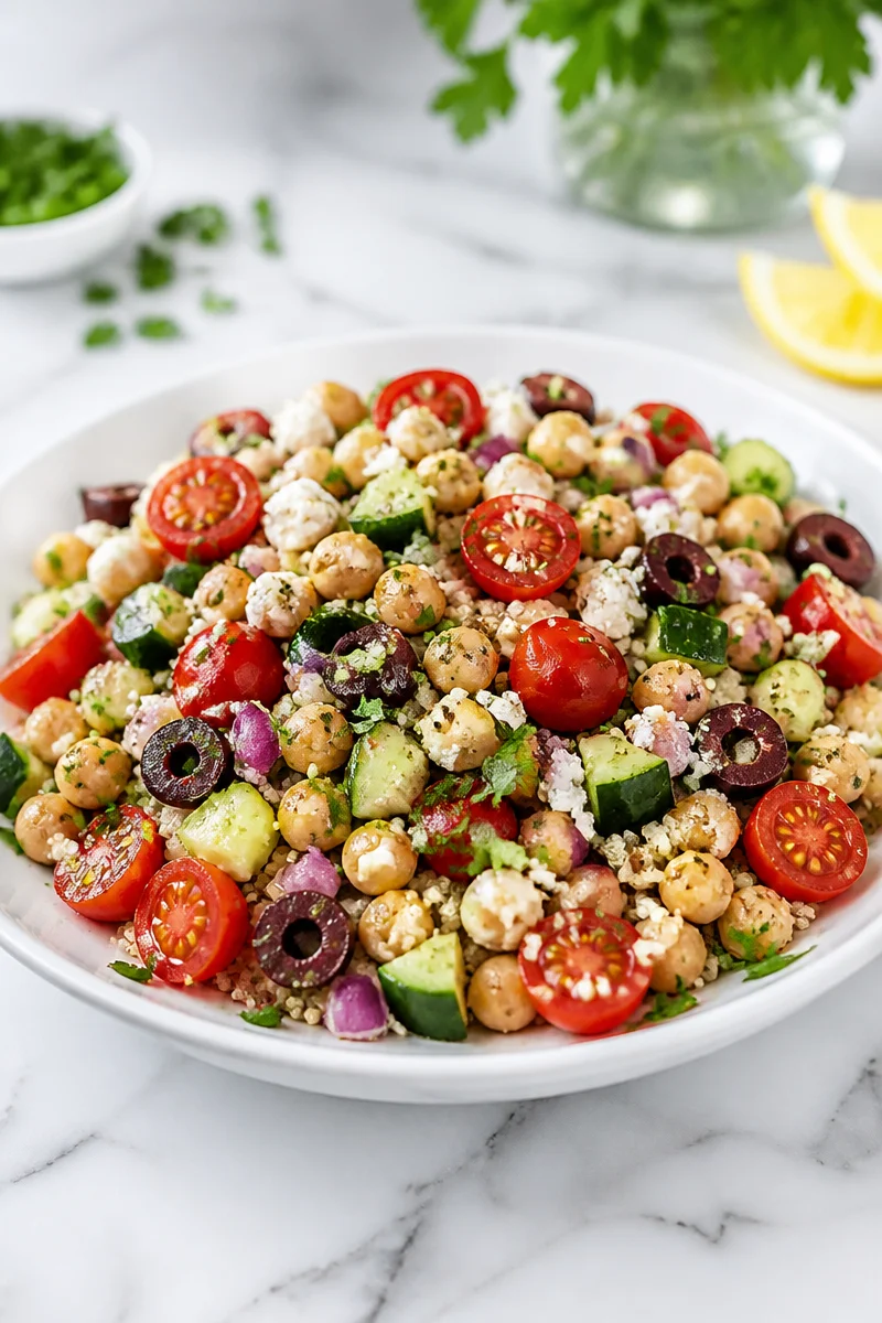 Meal Prep Mediterranean Chickpea Bowl with fresh vegetables and chickpeas