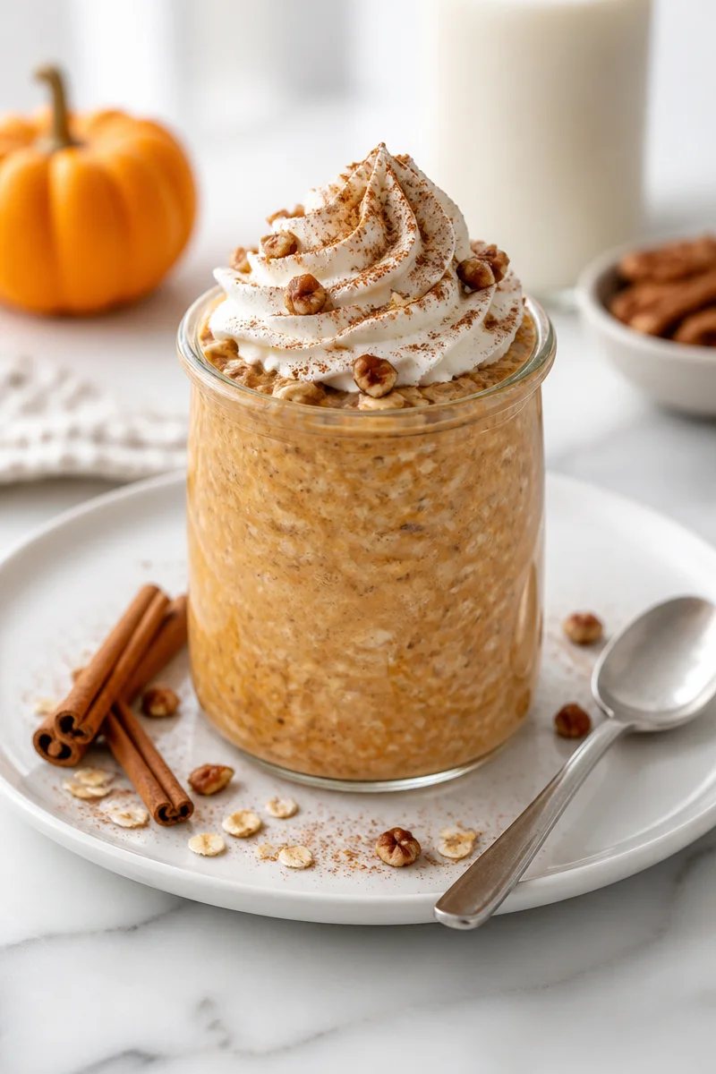 Meal prep pumpkin pie overnight oats in a jar, topped with spices and pumpkin seeds.