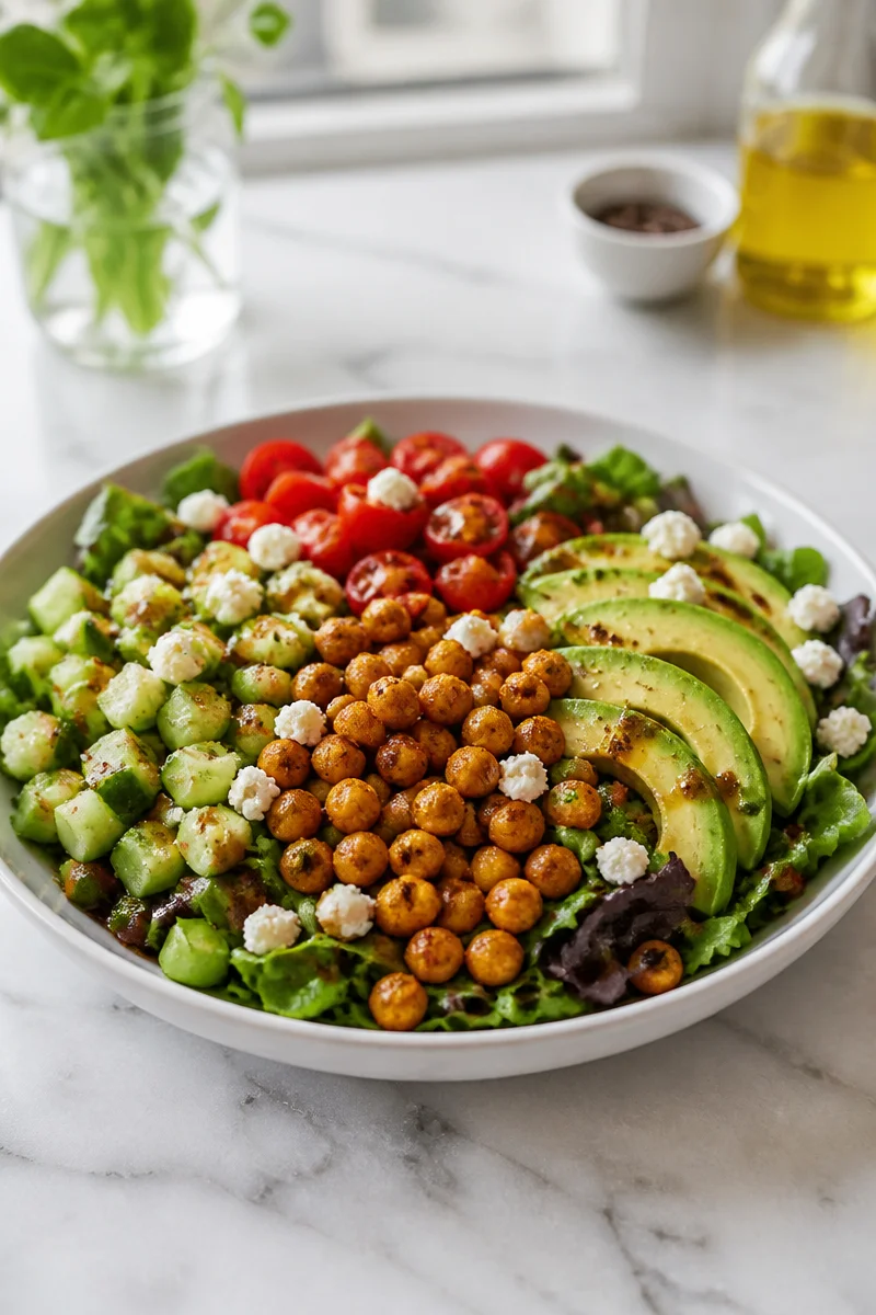 Roasted chickpea salad bowl featuring fresh vegetables and spices