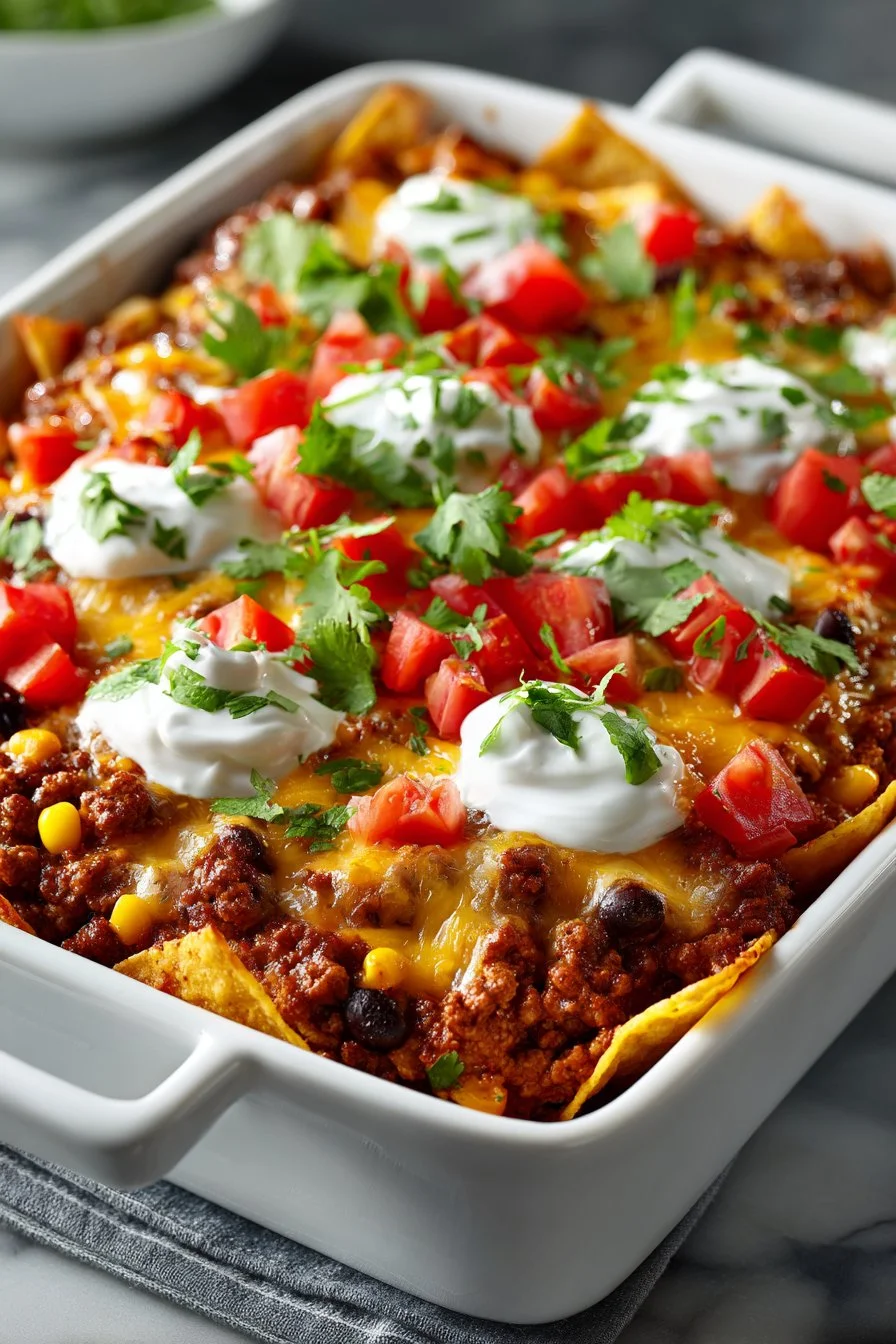 Delicious Beef Taco Bake Casserole topped with tortillas and spices