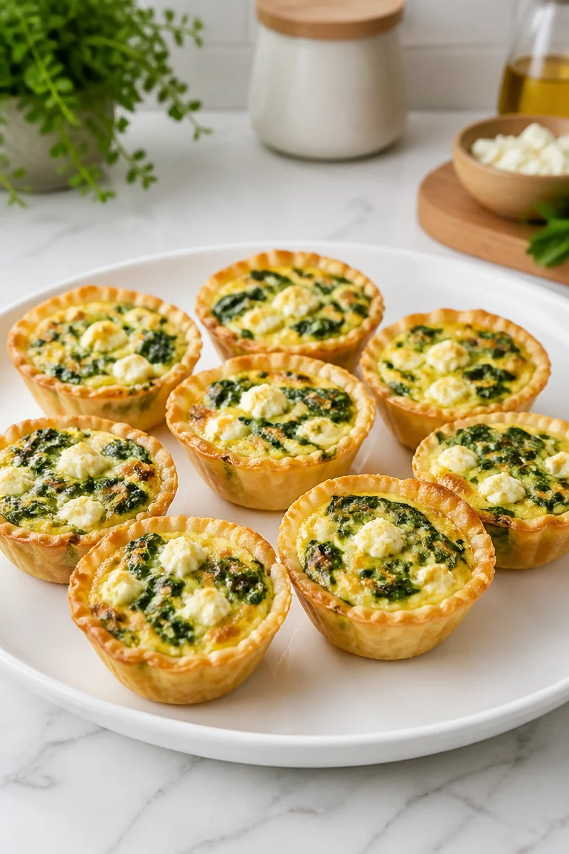 Mini spinach and feta quiche appetizers served on a platter