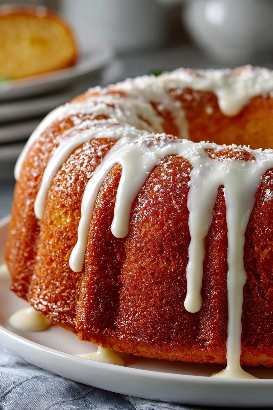 Moist Southern Pound Peach Cake with slices and fresh peaches on top.
