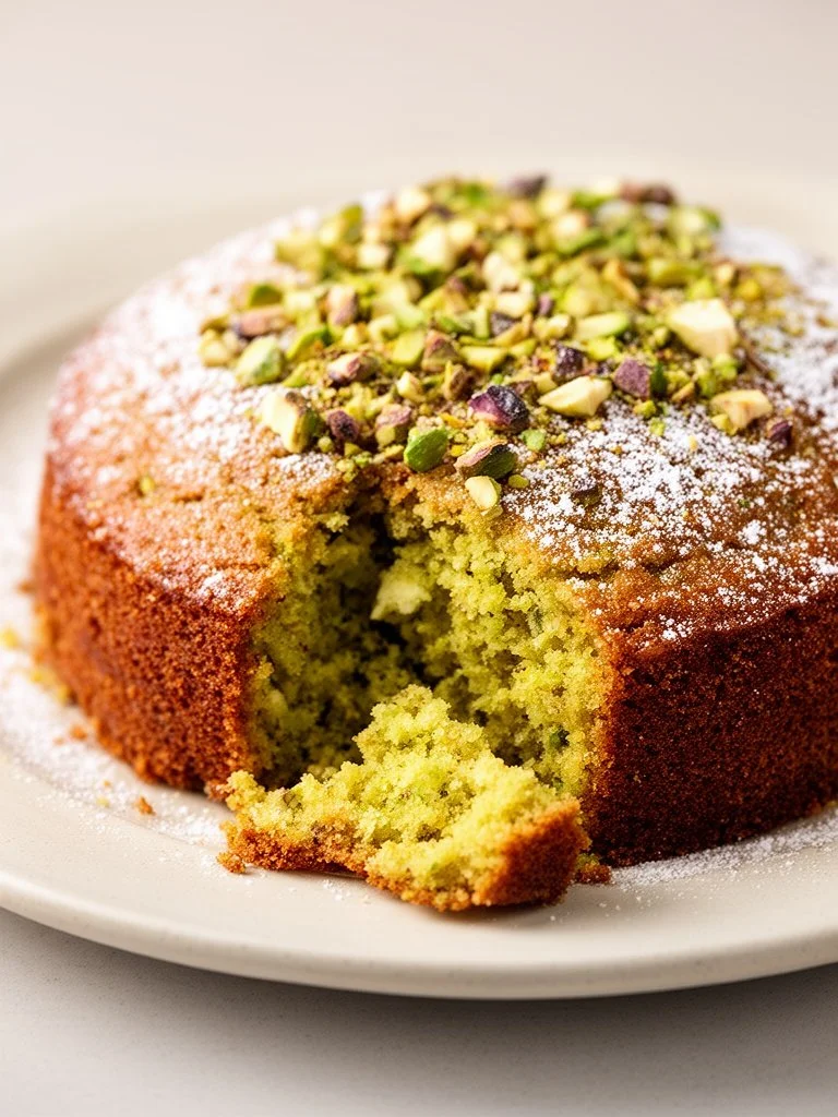 Moist vintage pistachio cake topped with nuts and frosting