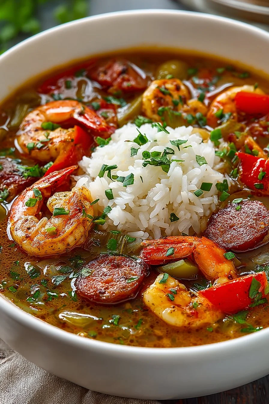 Bowl of flavorful New Orleans style gumbo with shrimp, sausage, and spices