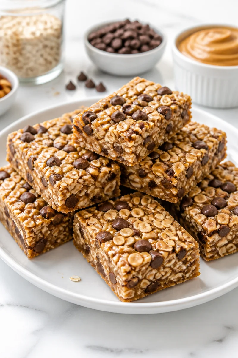 No bake peanut butter chocolate oat bar on a wooden board