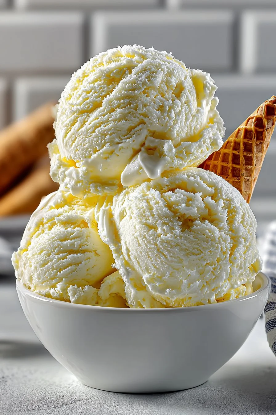 Delicious old fashioned churned vanilla ice cream in a bowl