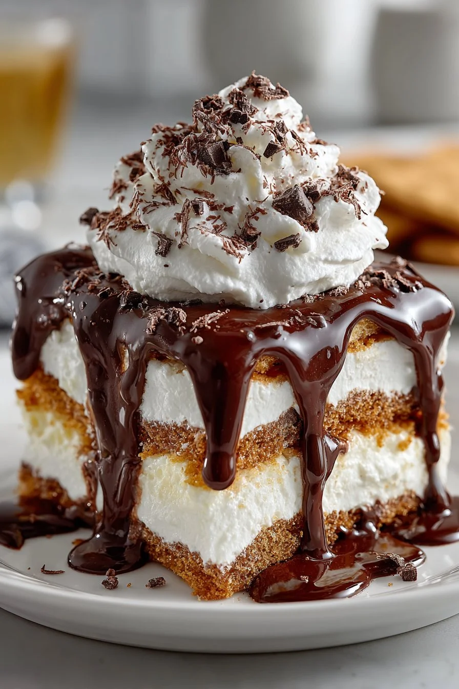 No Bake Chocolate Eclair Cake topped with chocolate icing and graham crackers