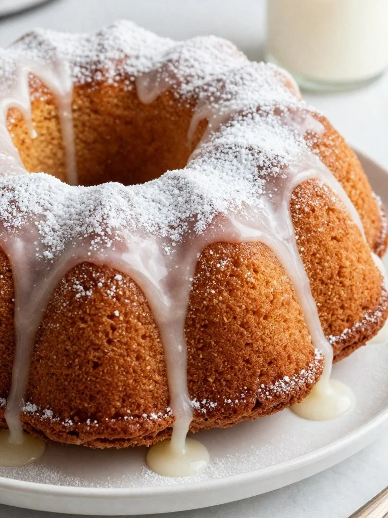Sliced old fashioned vanilla glazed pound cake with a delightful shine