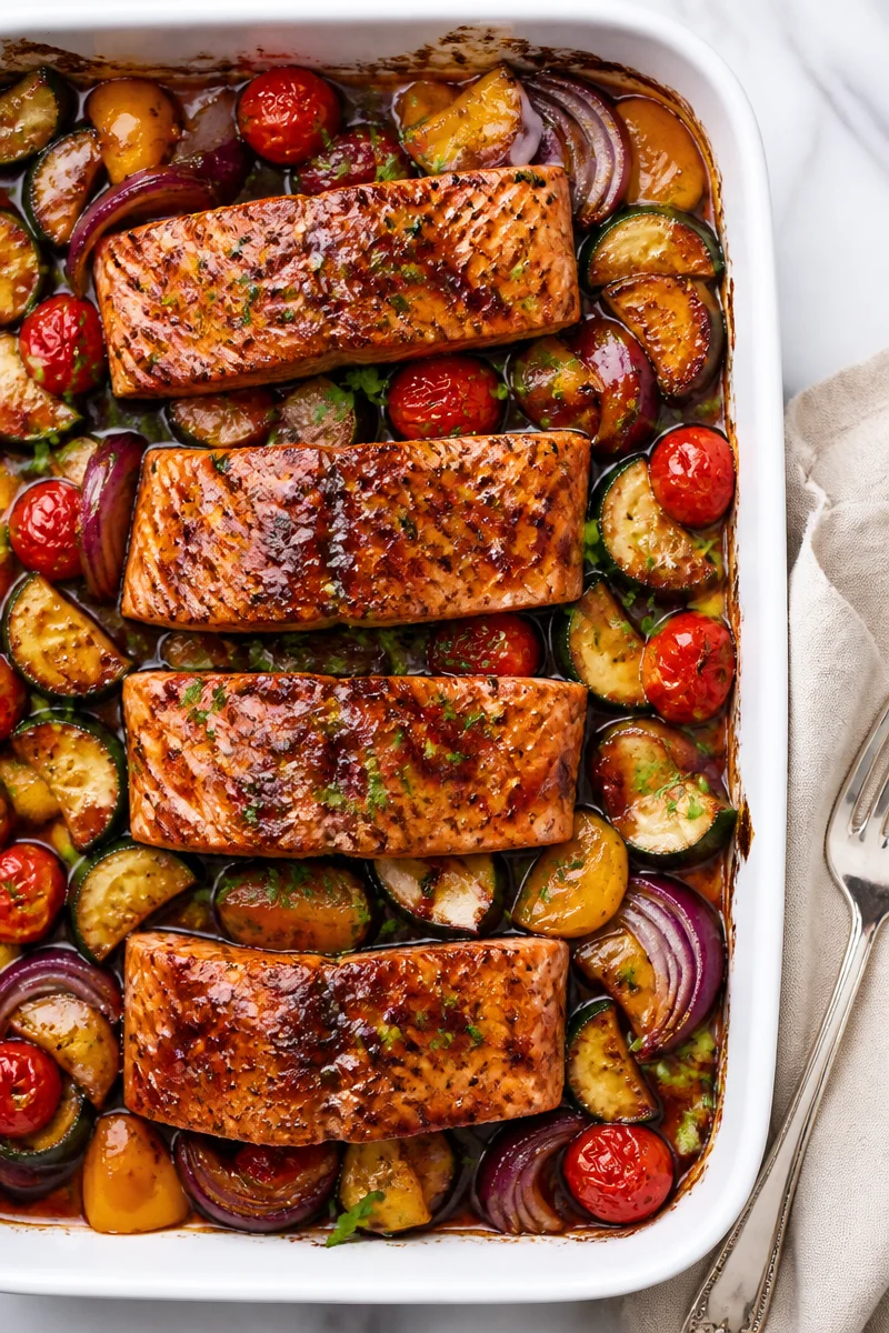 One Pan Balsamic Glazed Salmon And Veggies