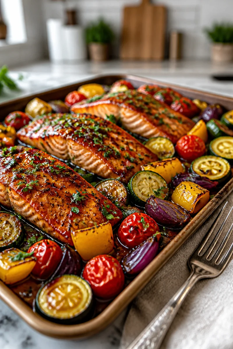 One Pan Balsamic Glazed Salmon And Veggies