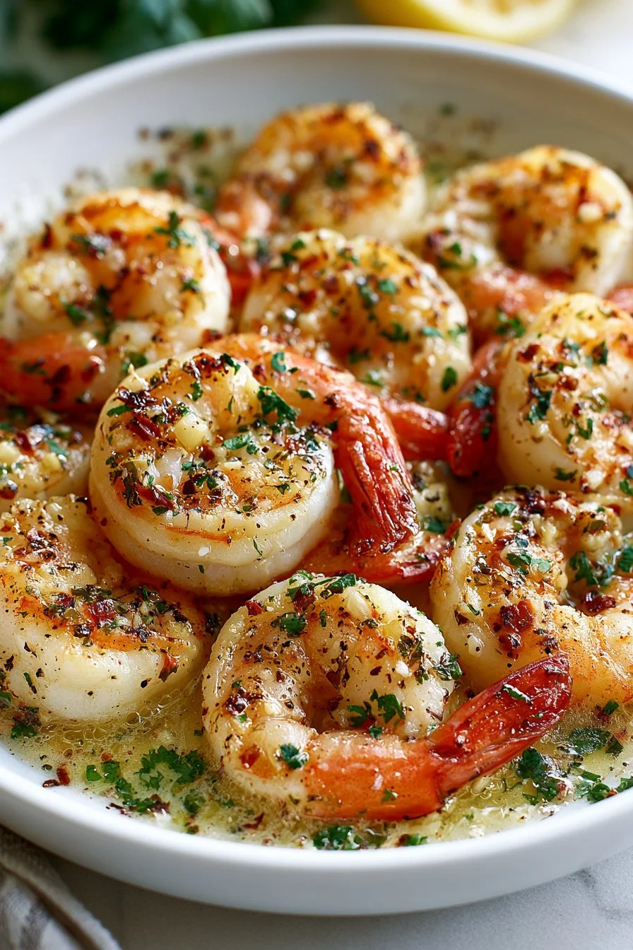 One Pan Garlic Butter Shrimp cooked with herbs and spices for a delicious meal