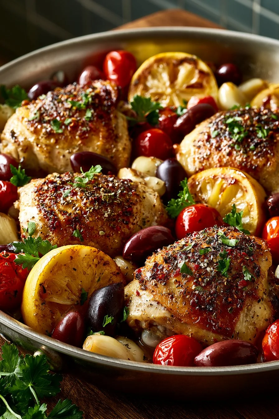 One Pan Lemon Olive Greek Chicken