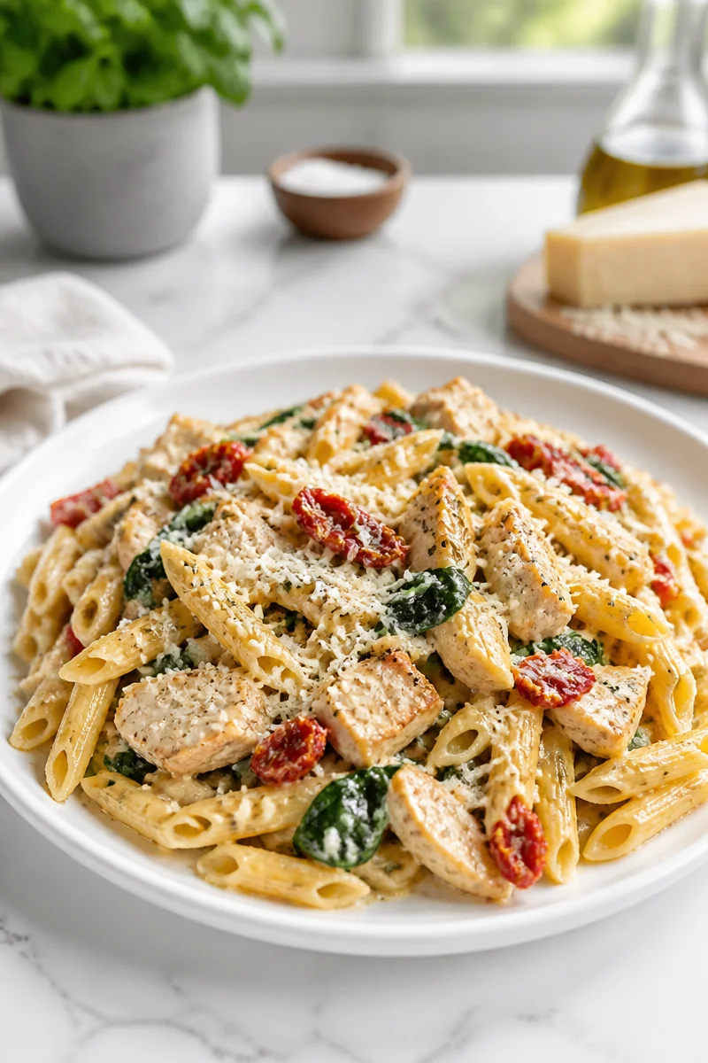 One Pot Sun Dried Tomato Chicken Pasta with fresh ingredients