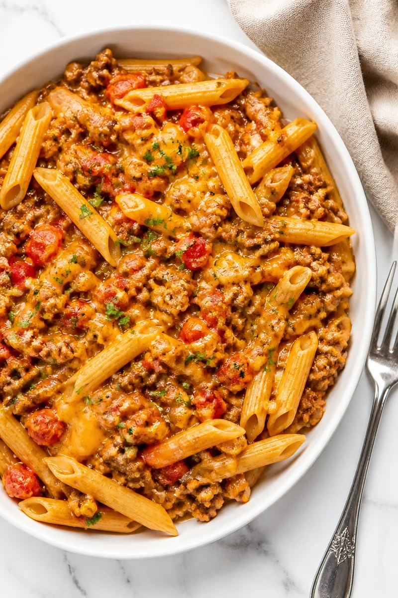 One Skillet Cheesy Ground Turkey Pasta