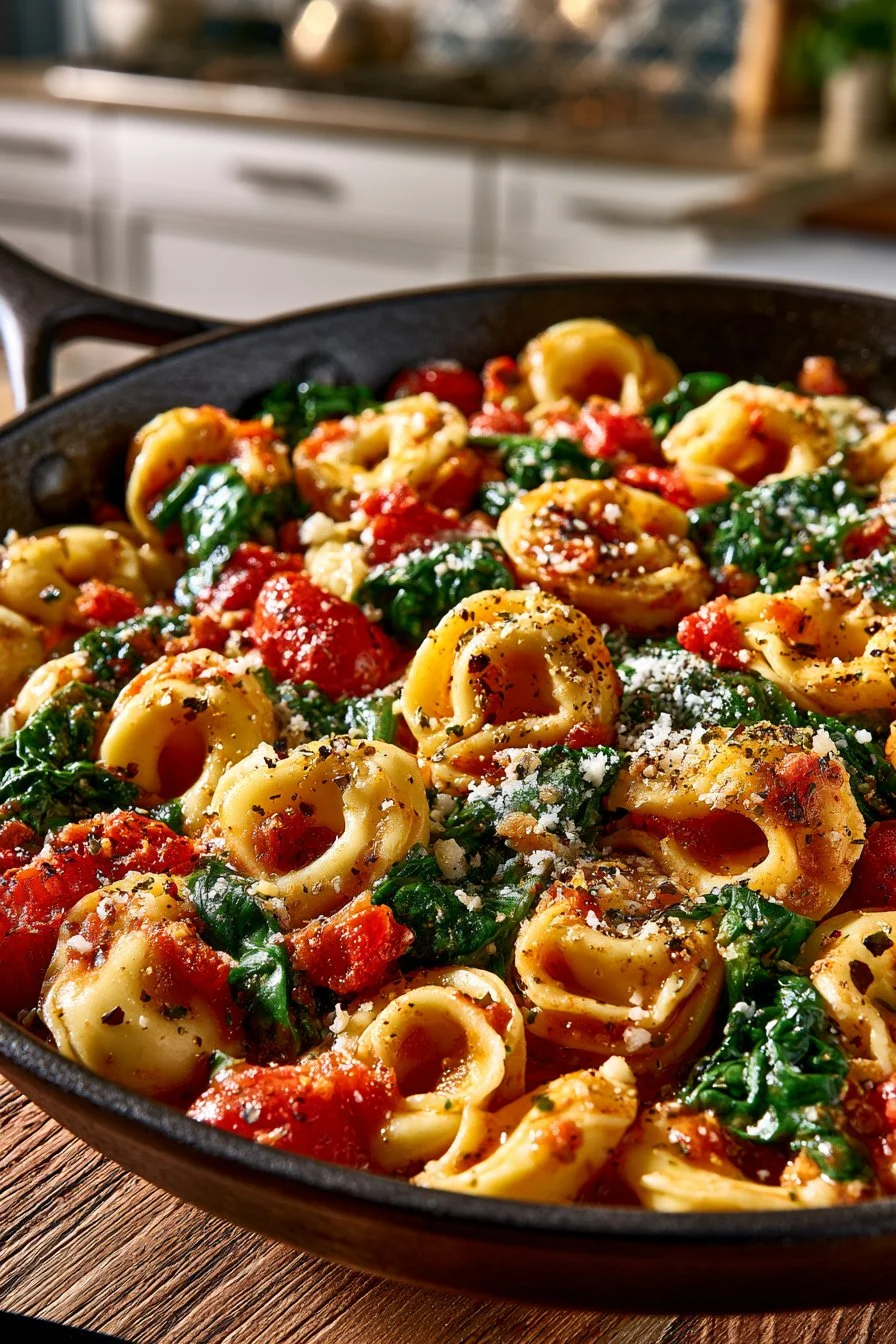 One Skillet Tomato Spinach Tortellini Recipe