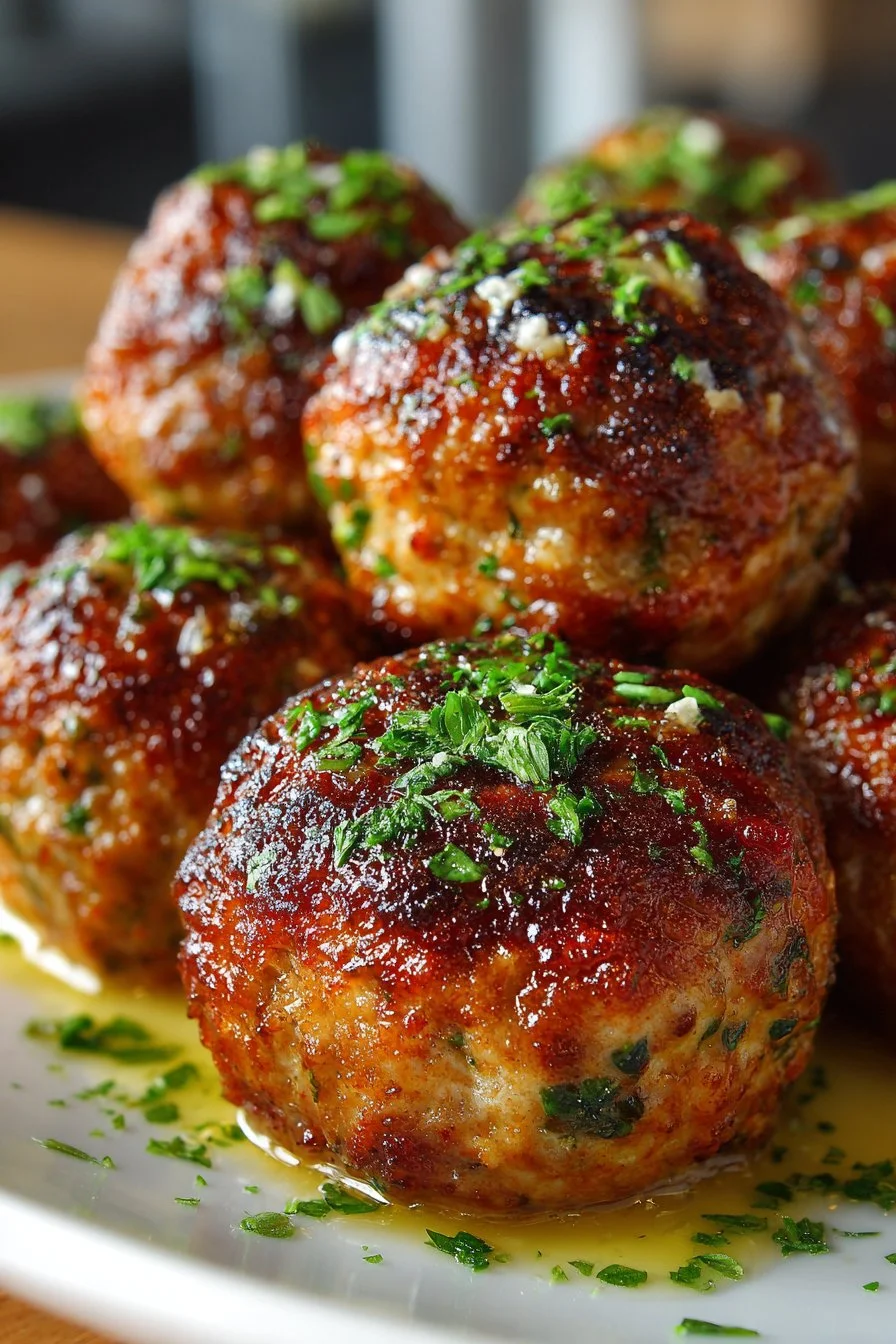 Oven baked turkey meatballs fresh out of the oven, garnished and ready to serve.