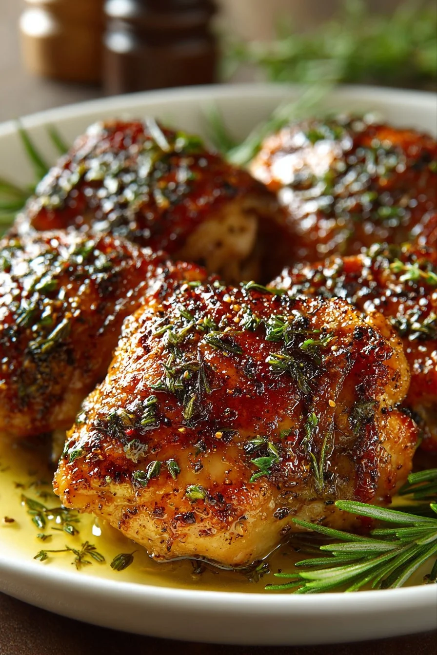 Oven roasted balsamic chicken thighs served with fresh herbs and vegetables