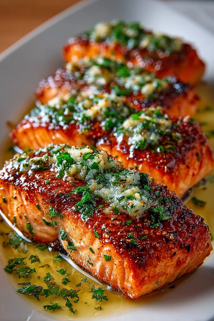 Pan seared garlic butter sockeye salmon garnished with herbs
