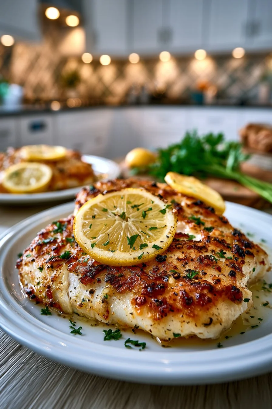 Pan-seared lemon red snapper filet garnished with herbs and lemon slices.
