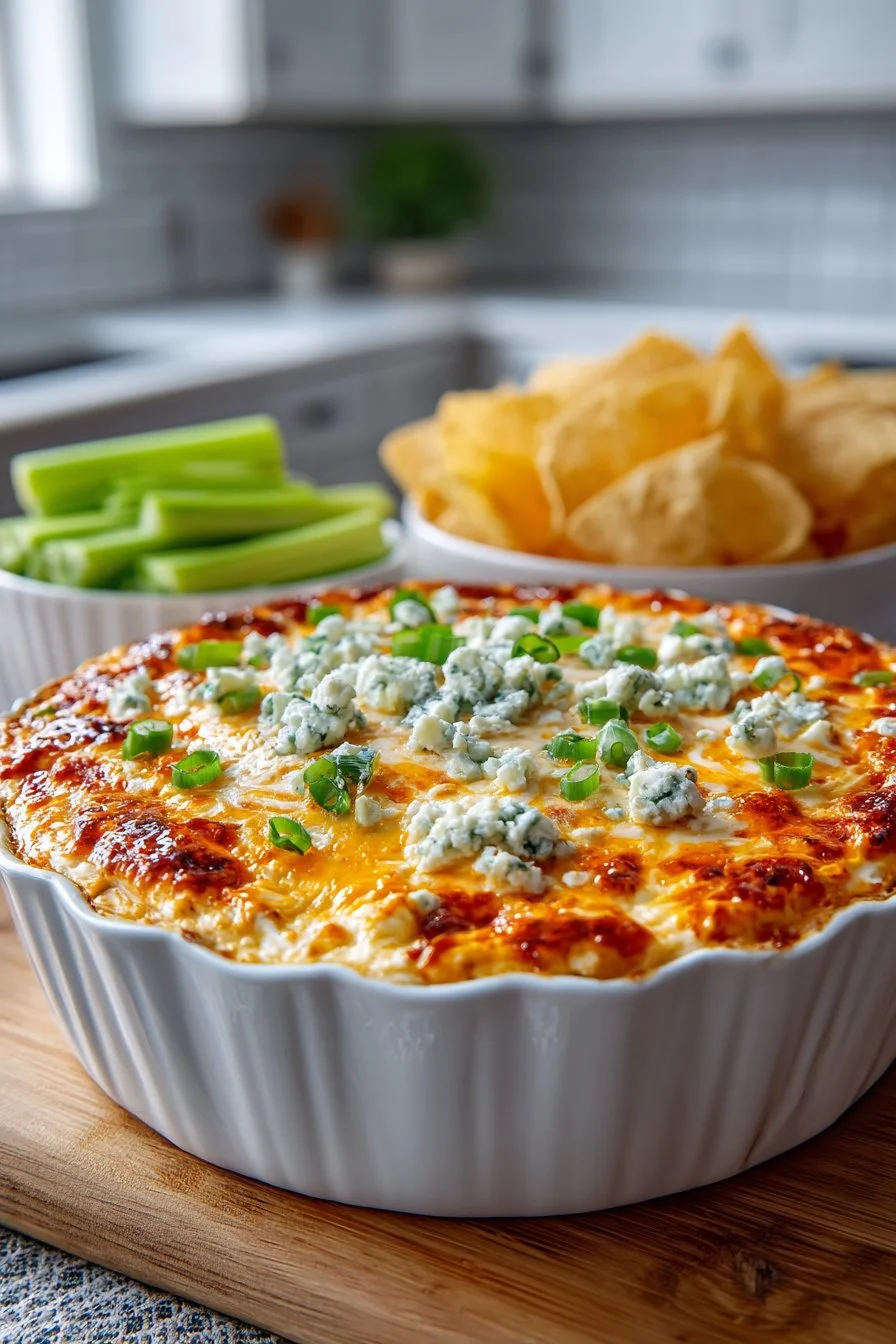 Cheesy buffalo chicken dip served in a bowl topped with green onions and chips
