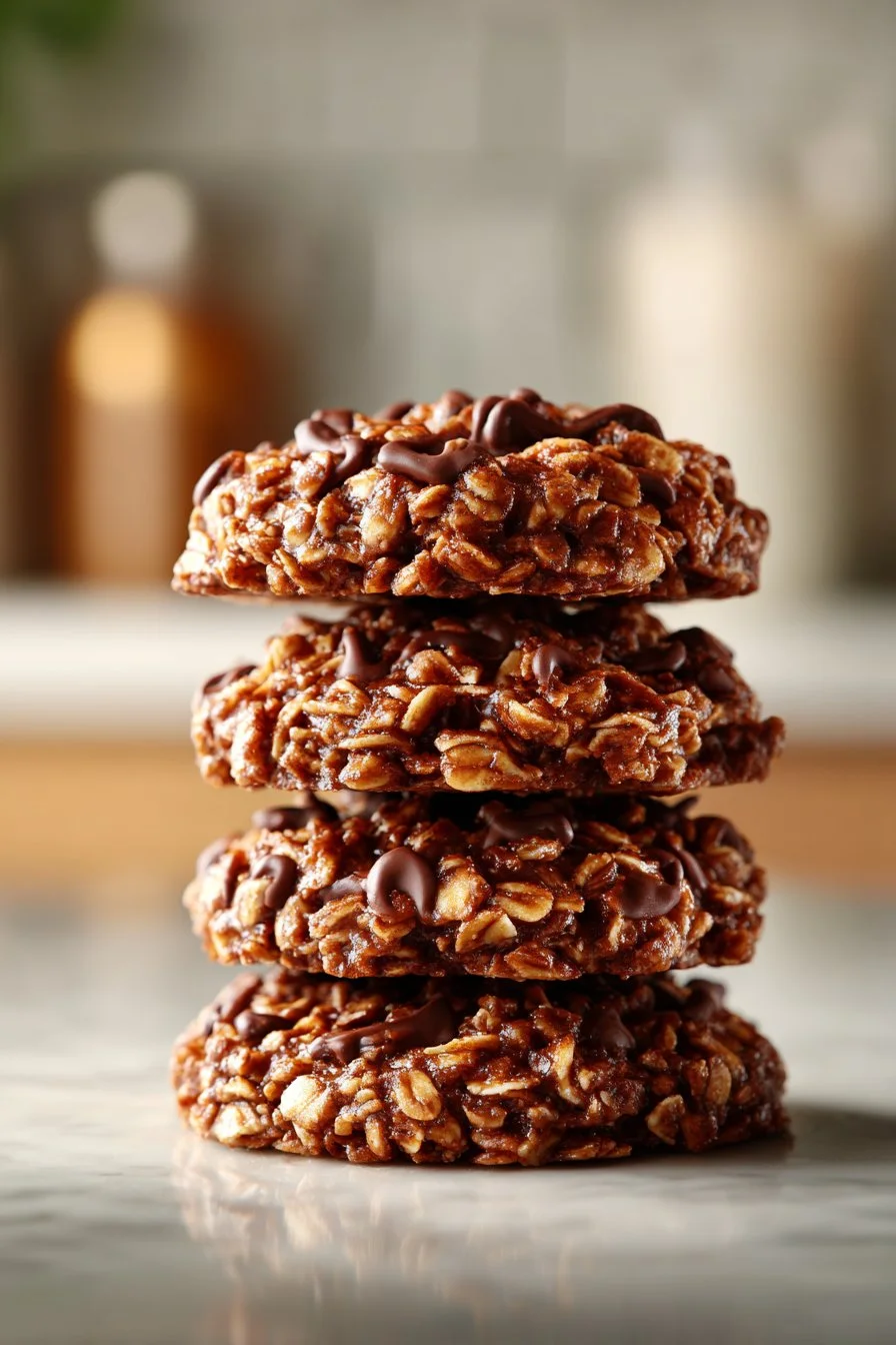 Peanut butter cocoa no bake oatmeal cookies stacked on a plate