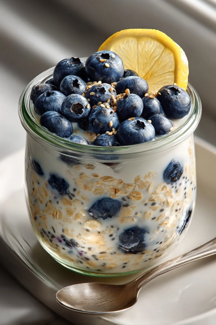 Bowl of protein packed lemon blueberry overnight oats with fresh berries