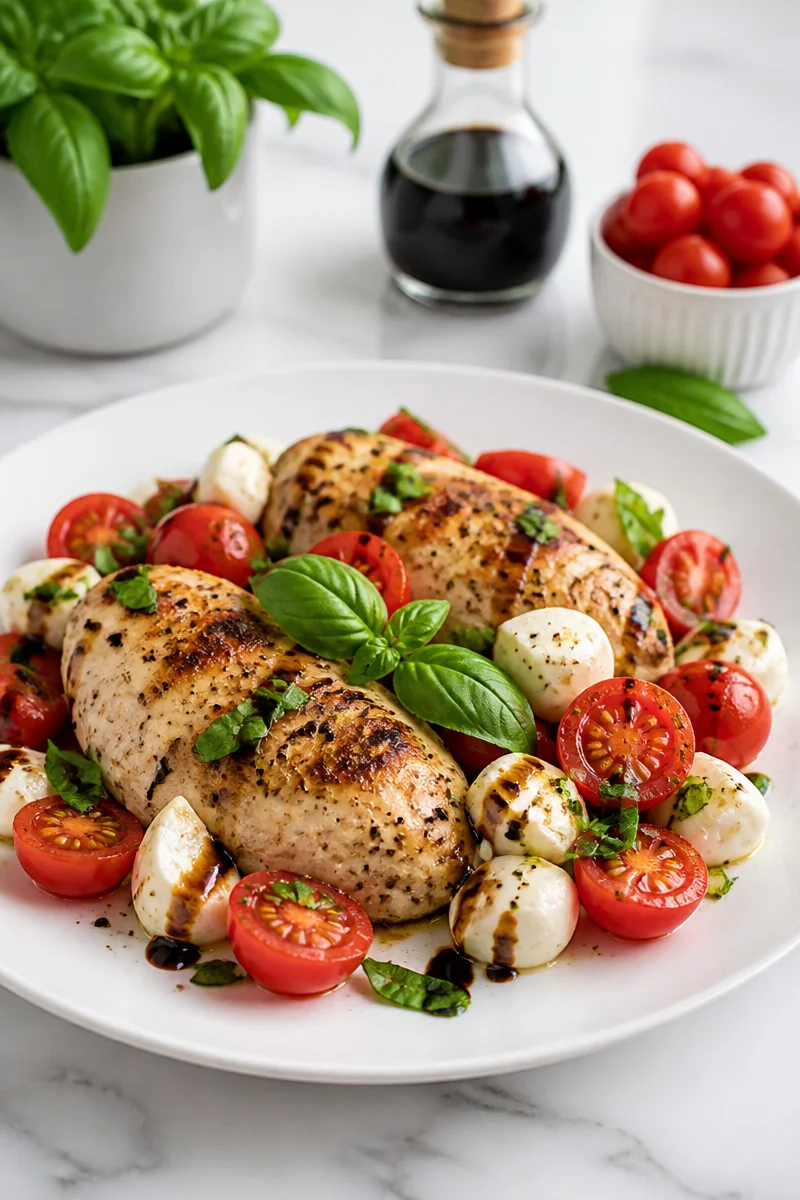 Quick Caprese Chicken Skillet with fresh tomatoes and basil.