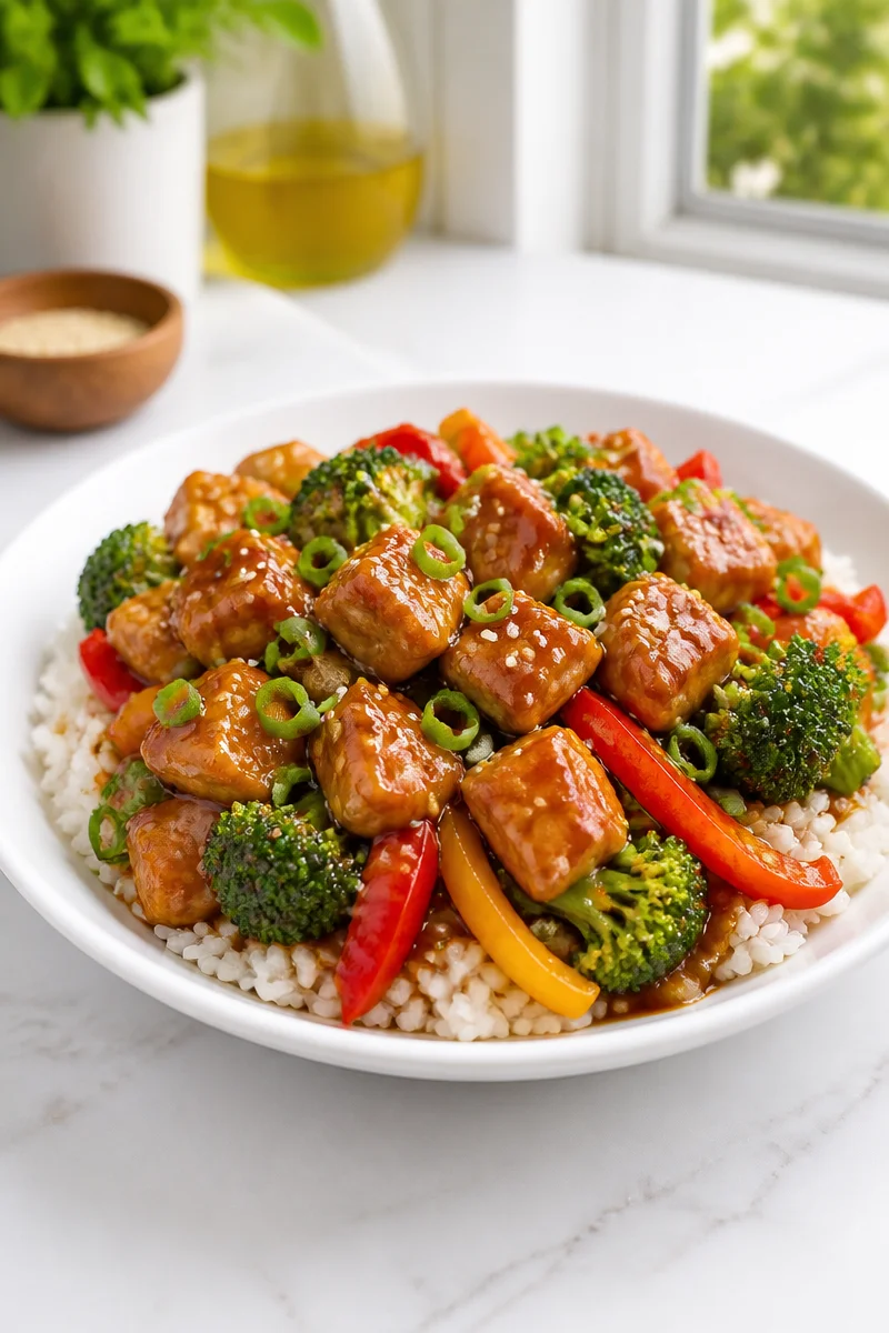 Quick teriyaki chicken rice bowl garnished with green onions and sesame seeds