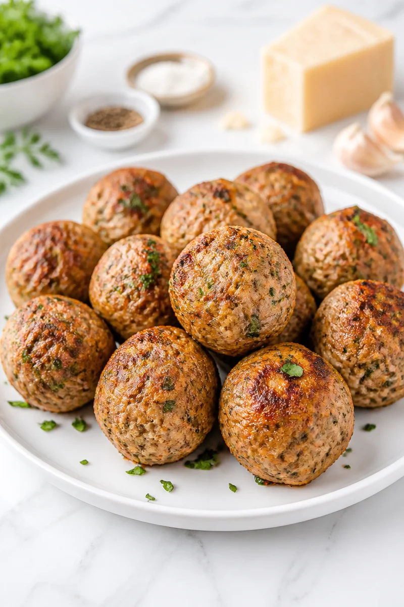 Air fryer turkey meatballs cooked to perfection, served on a plate.