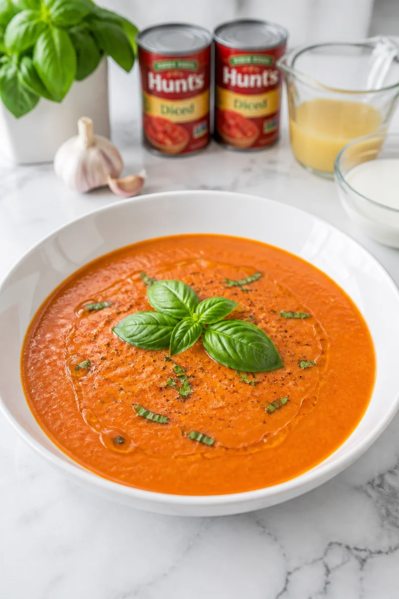 Bowl of quick creamy tomato basil soup made in a blender