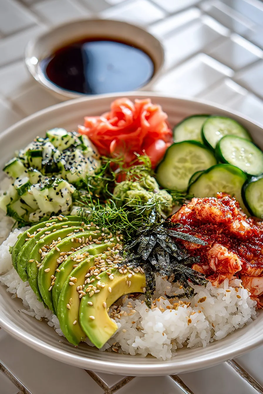 Deconstructed California Sushi Bowl with fresh ingredients and vibrant colors