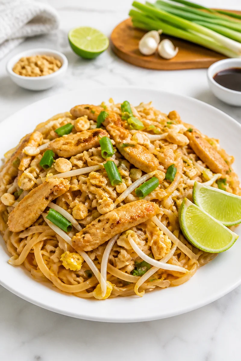 Delicious quick weeknight chicken pad thai served in a bowl.