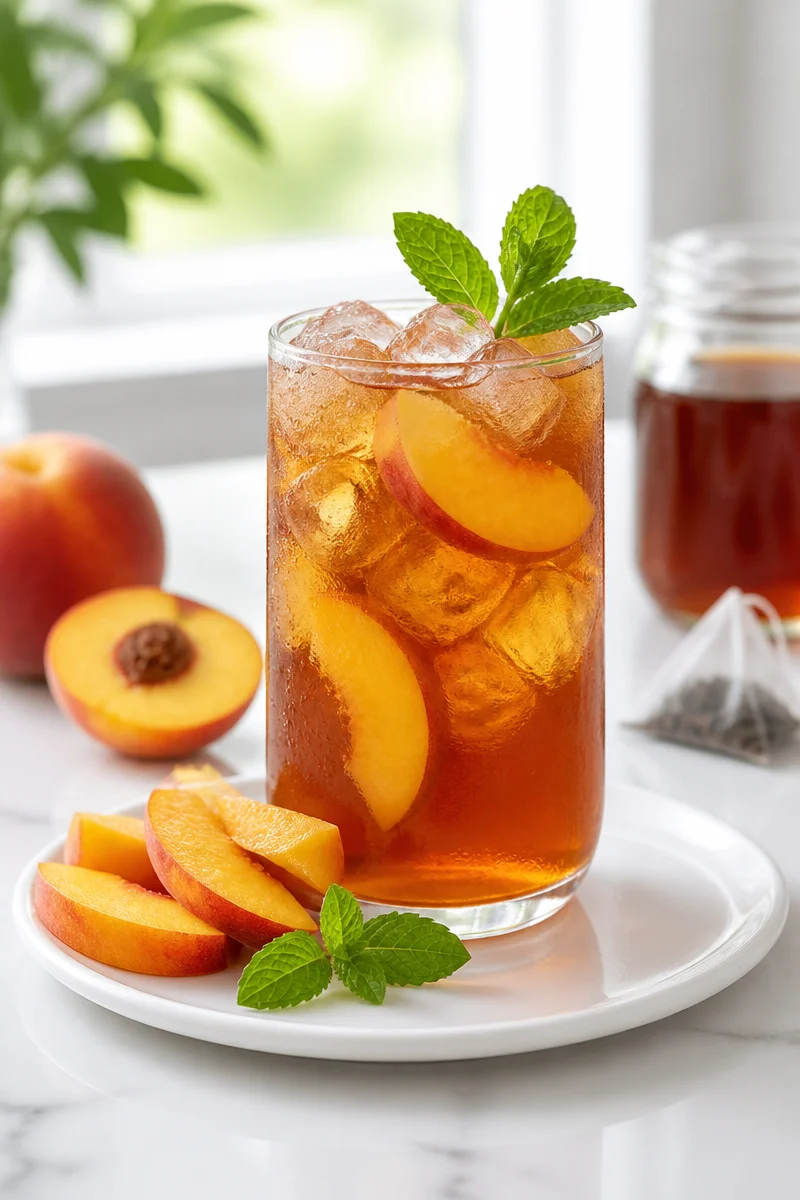 Refreshing iced peach black tea served in a glass with peach slices