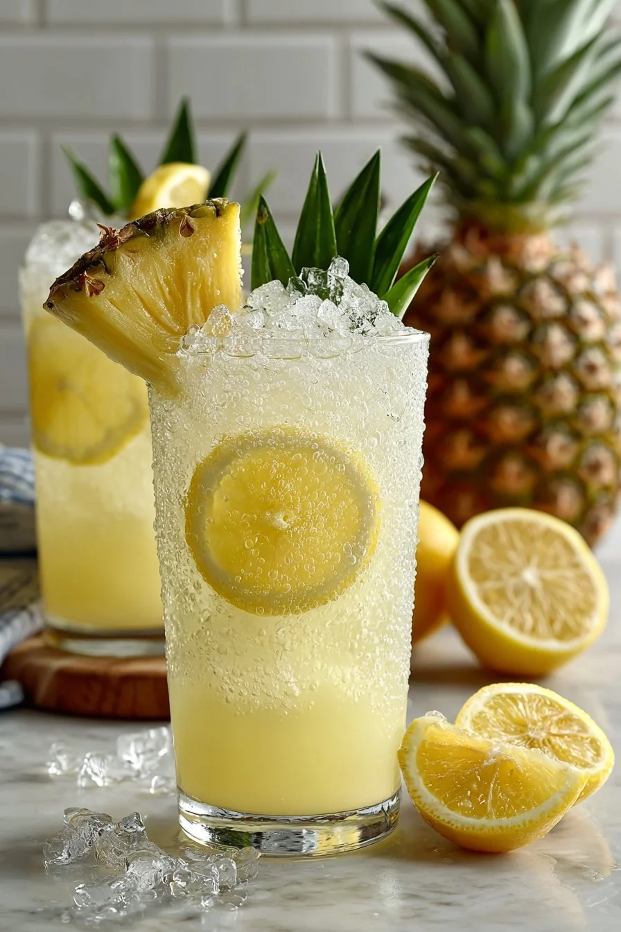 Glass of refreshing iced pineapple lemonade with a slice of lemon
