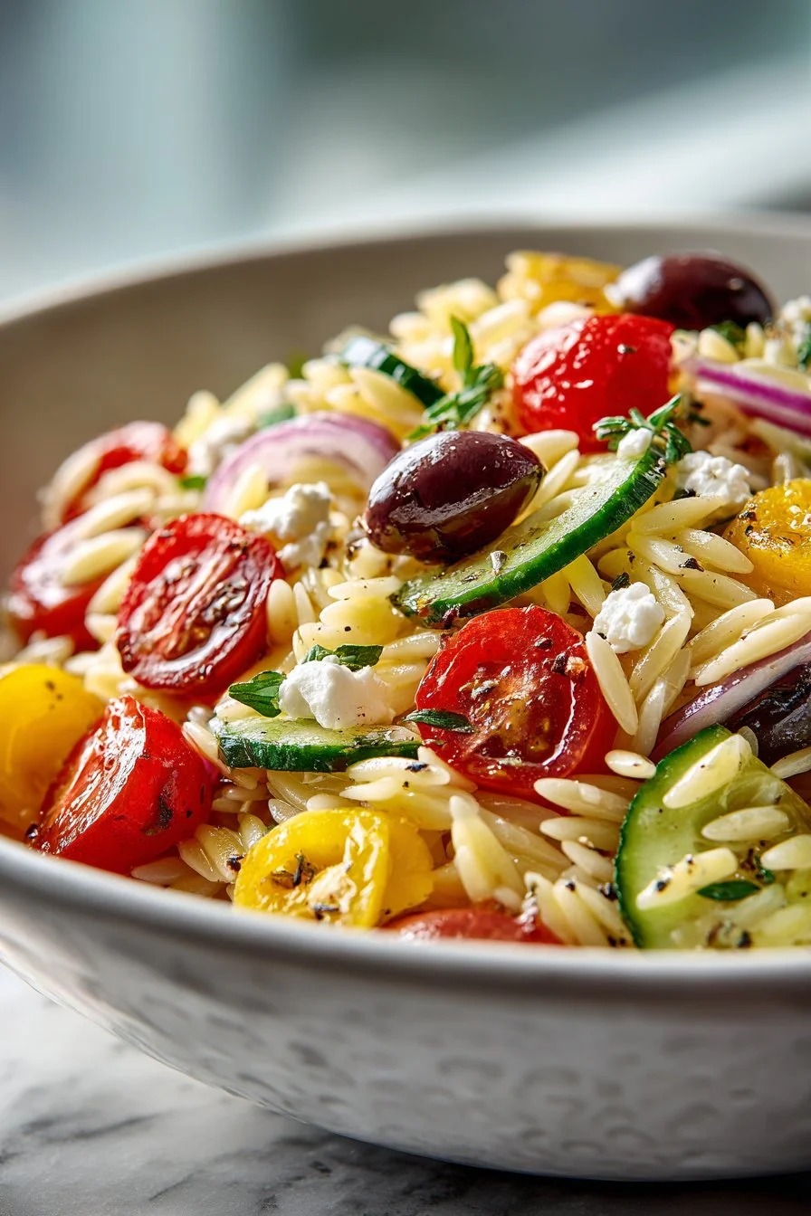 Bowl of refreshing summer Mediterranean Orzo Salad with fresh vegetables and herbs.