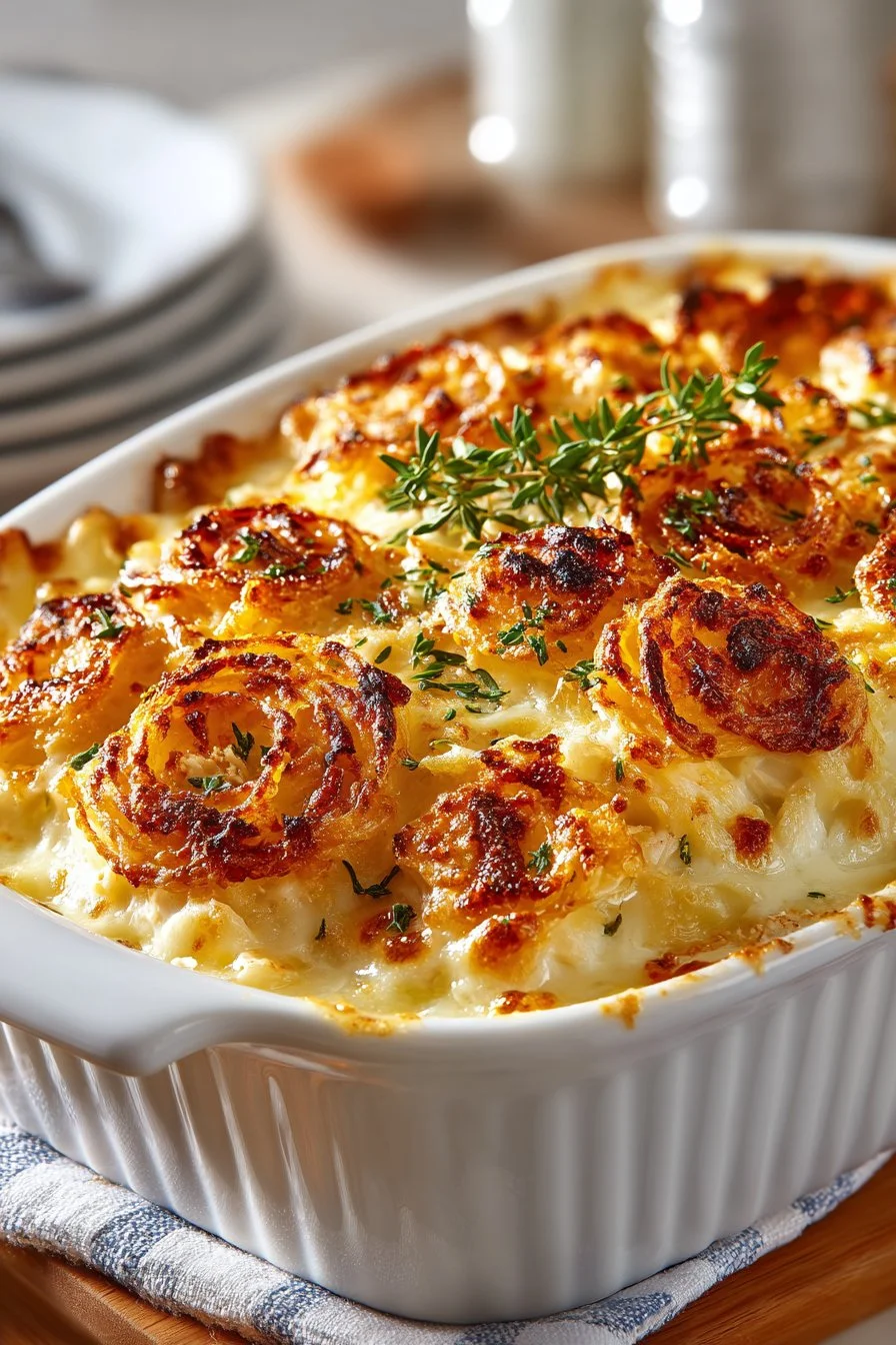 Rich Baked French Onion Chicken Casserole topped with cheese and caramelized onions