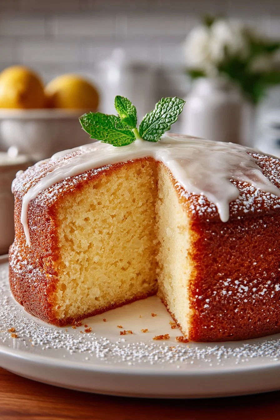 Slice of rich buttermilk vanilla white chocolate cake on a plate