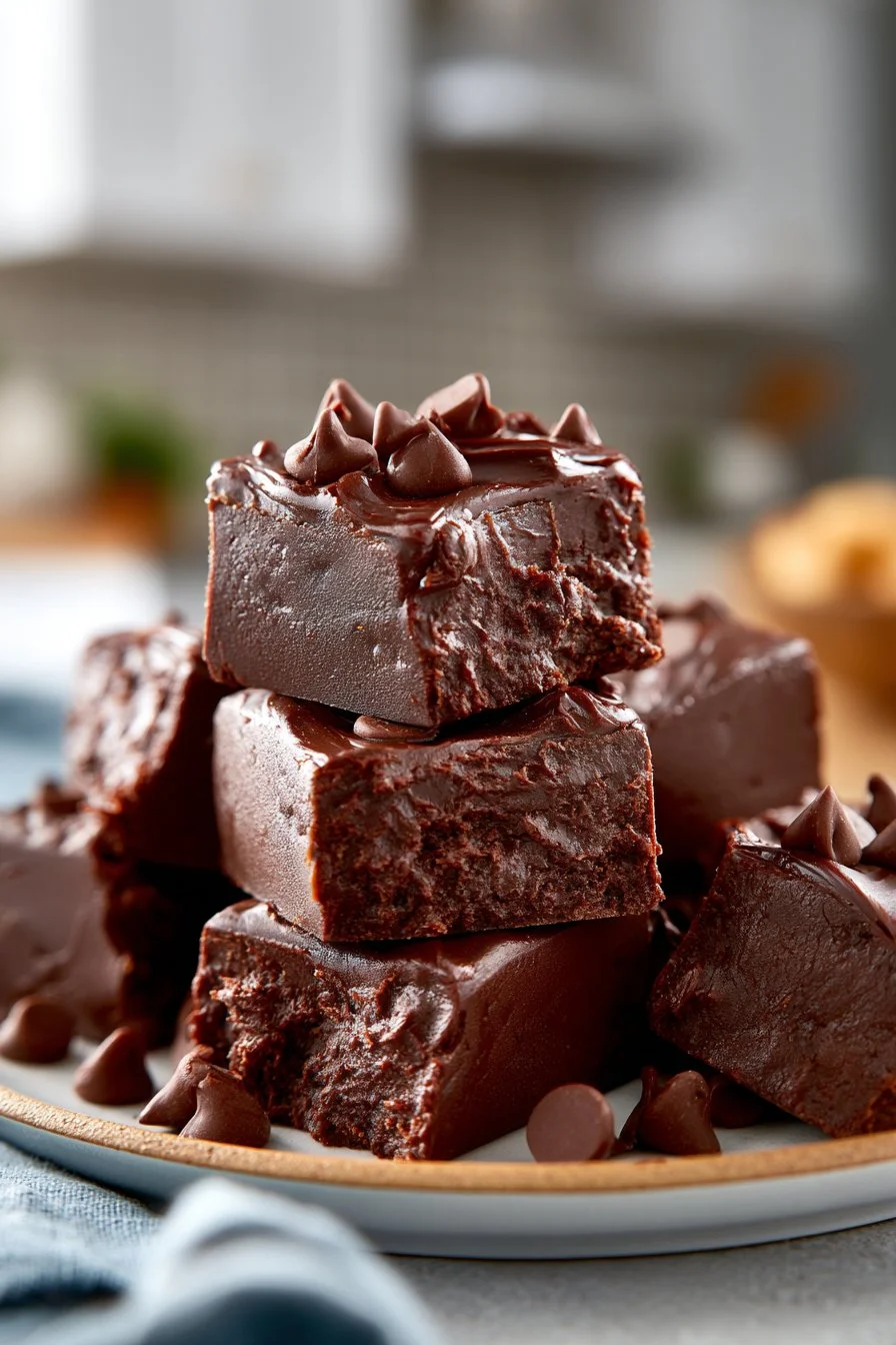 Rich homemade dark chocolate fudge served on a plate with cocoa sprinkle