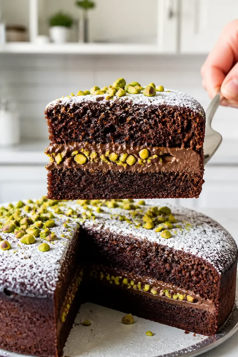 Rich Pistachio Stuffed Dubai Chocolate Cake
