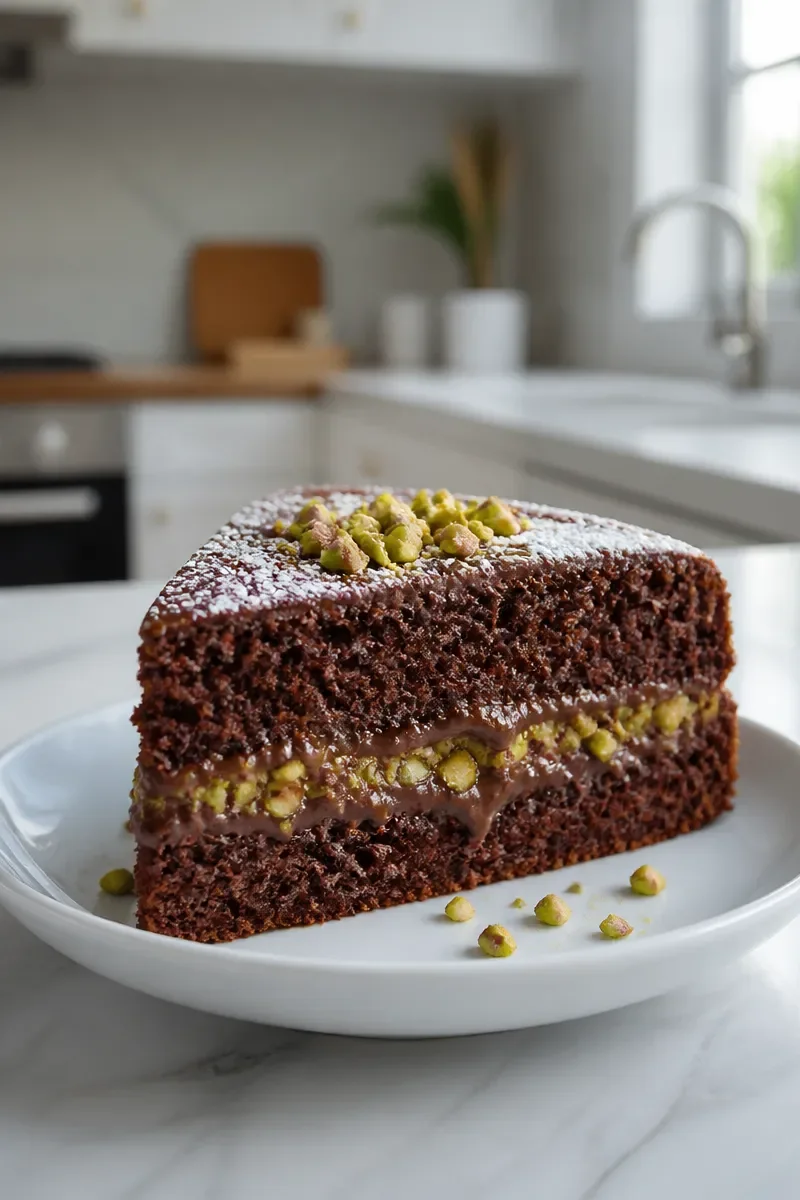 Rich Pistachio Stuffed Dubai Chocolate Cake