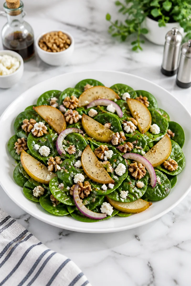 Roasted pear walnut spinach salad with vibrant greens and dressing