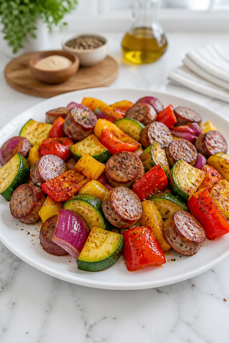Sheet pan beef sausage with mixed vegetables ready to bake.