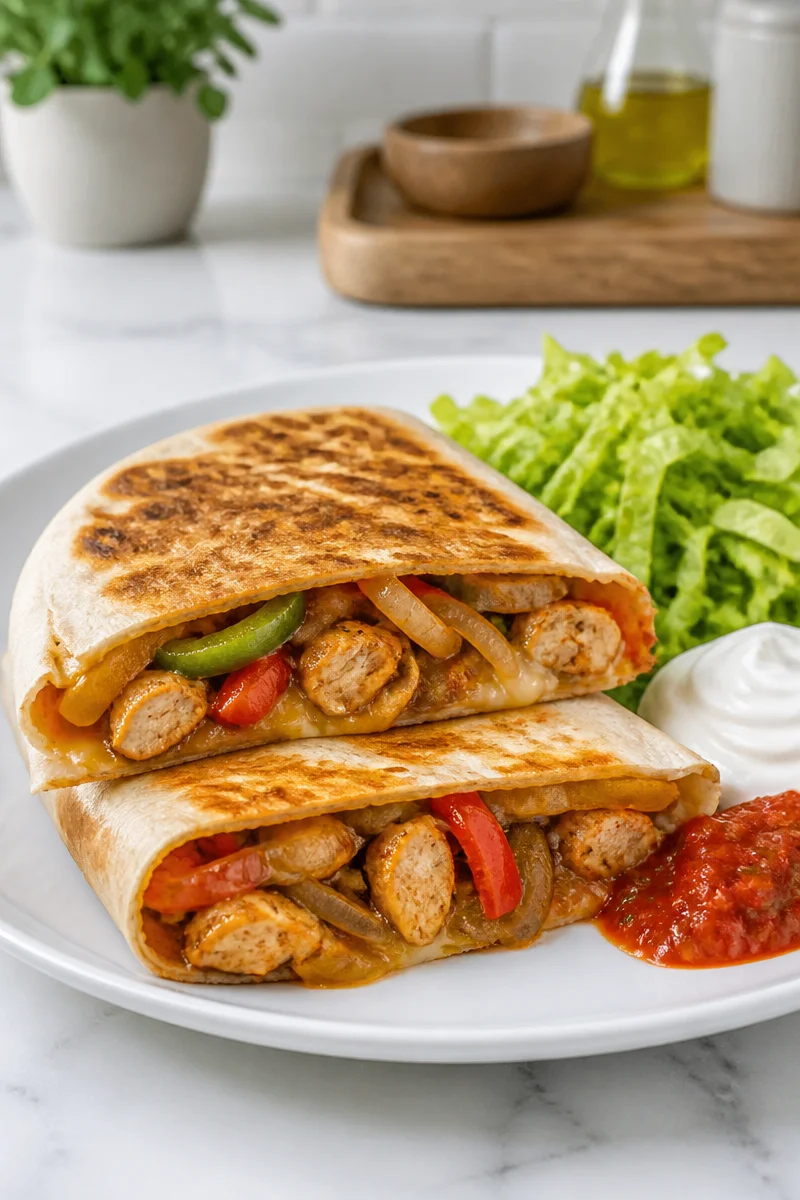 Sheet Pan Chicken Fajita Crunchwrap with colorful peppers and chicken in a wrap