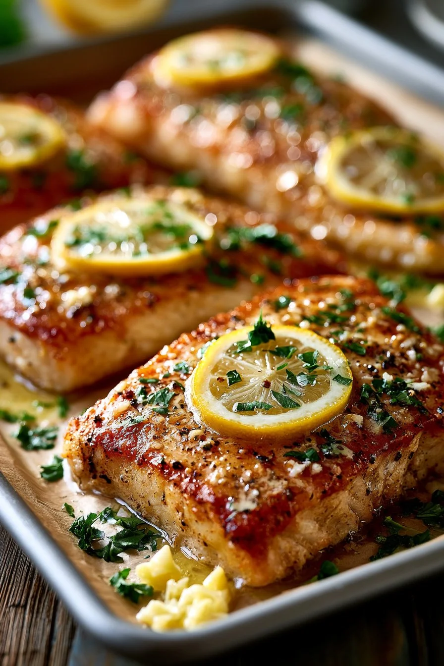 Sheet pan garlic butter red snapper served with vegetables