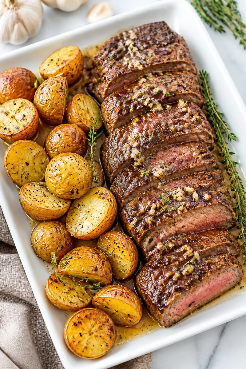Sheet Pan Garlic Butter Steak And Potatoes