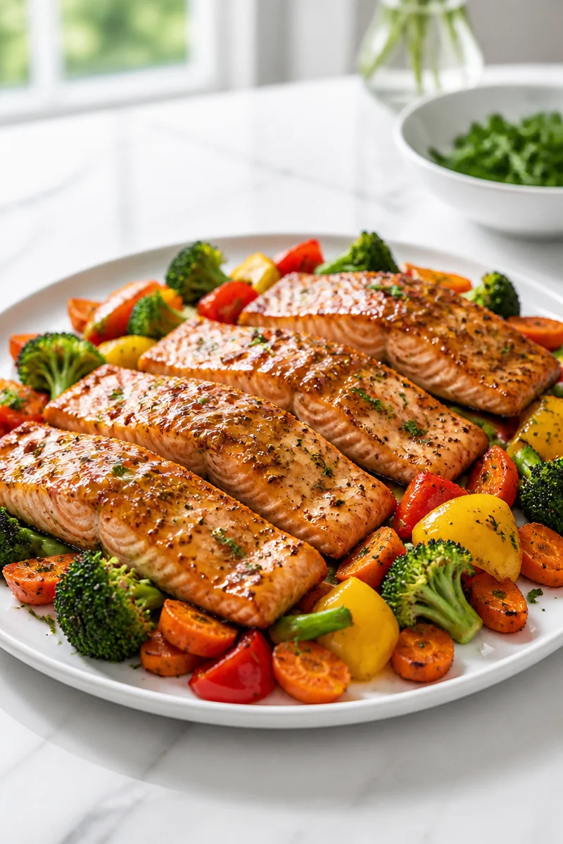 Sheet pan with honey mustard salmon and colorful roasted veggies
