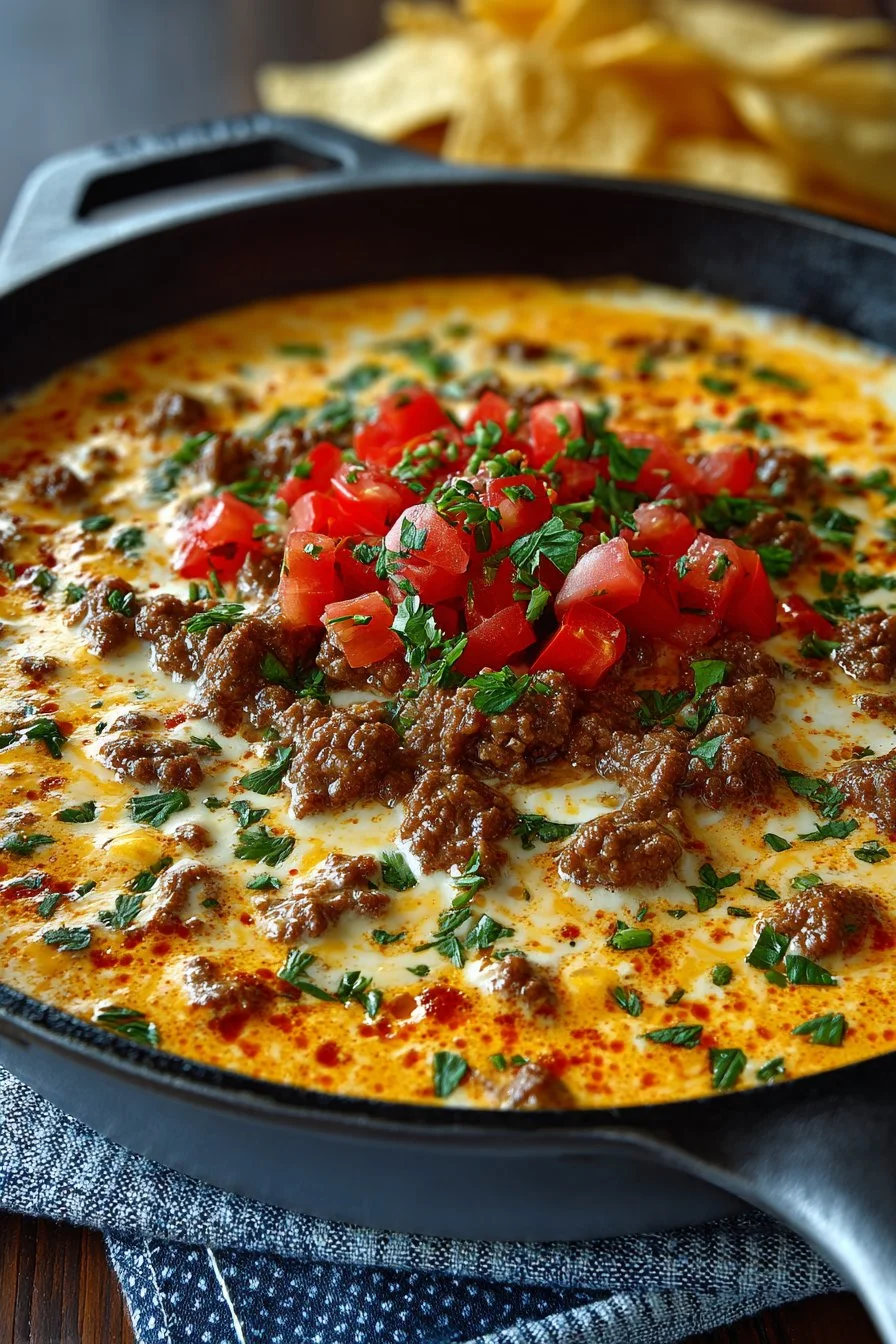 Skillet Queso Rotel Dip with Ground Beef served in a skillet
