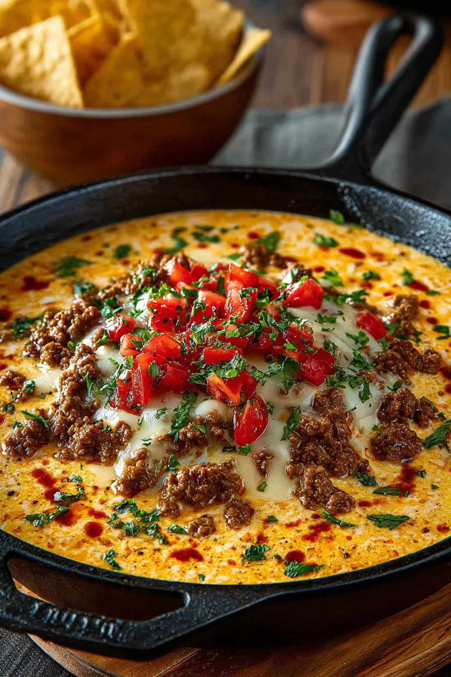 Skillet Queso Rotel Dip with Ground Beef